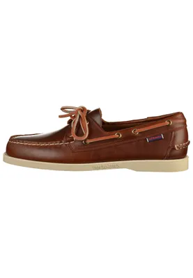 A single brown leather boat shoe is shown against a white background.