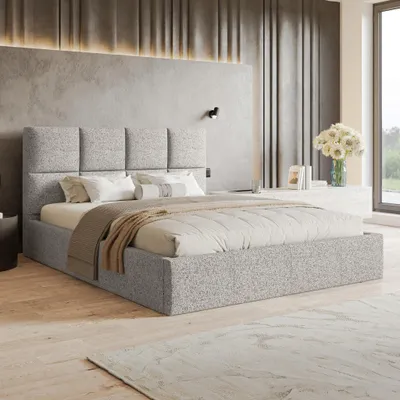 Produktbild von MOTIVENA Star Polsterbett 180x200 mit Bettkasten, Holz Latttenrost, Bett 180x200 Beige Strukturstoff (Puente 06)