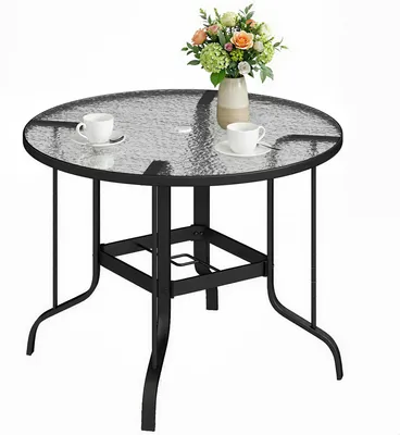 Produktbild von Runder Gartentisch mit Schirmloch, Metall und Sicherheitsglas, ?96.5x71 cm, Schwarz, 5 mm Glasplatte, rostfrei, inkl. Abdeckung