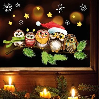 Produktbild von Fensterbilder für Weihnachten mit 5 Eulen auf einem Ast – Wiederverwendbar – A4 Bogen, 37 Sticker – Weihnachtsdekoration für das Kinderzimmer, Winterfensterbilder