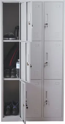 A gray metal locker with 9 compartments, some of which are open showing shoes and a water bottle.