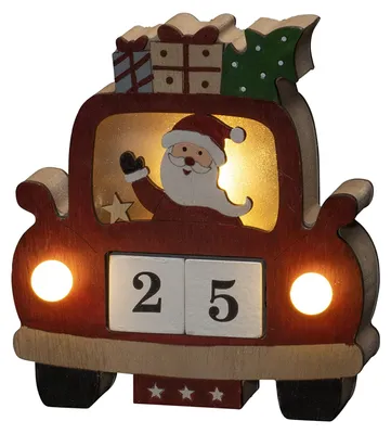 LED Holz-Silhouette Weihnachtsmann im Auto, rot, 3 warmweiße LEDs, Timer