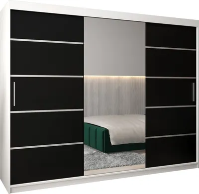 A modern sliding door wardrobe with a mirrored center panel, reflecting a bedroom interior.
