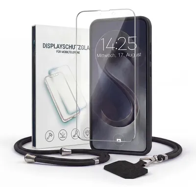 Produktbild von Handyhülle für Samsung Galaxy S24 mit Handykette und 9H Displayglas Displayschutz Band Kordel Hülle Case Schutzhülle Schwarz