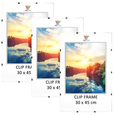 Produktbild von MG Design Cliprahmen Set 3 Stück 30x45 cm - rahmenlos mit Acrylglas & HDF-Rückwand, für Fotos/Poster/Puzzle, hoch/quer