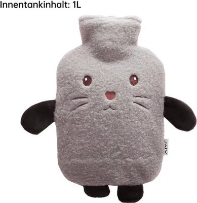 Produktbild von Wärmflasche mit Bezug, Langzeitwärme Handwärmer PVC Karikatur Wärmflasche Bettflasche für Erwachsene Kinder, Grau Katze, 1L