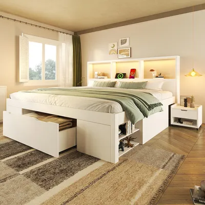 Produktbild von Merax Funktionsbett 140x190cm mit beweglichem Nachttisch und LED, Kinderbett mit USB-C und Stauraum, Holzbett mit Schublade und Regalen, Weiß