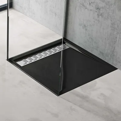 Produktbild von doporro Duschtasse Duschwanne 90x90x5cm flach aus Acryl in schwarz Quadratisch inkl. Ablaufgarnitur AL01 DIN-Anschlüsse für bodenebene Montage geeignet Xetro04