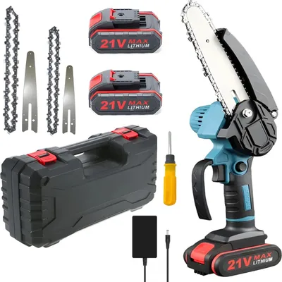 Produktbild von 4 Zoll 6 Zoll Akku-Kettensäge 21V mit 2 Akku, 2 Ketten, Wiederaufladbare Mini-Kettensäge, Handkettensäge, Motorkettensäge zum Schneiden von Ästen