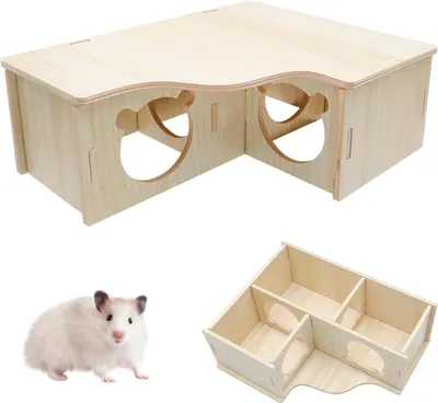 Obrázok produktu pre Domček pre škrečka 3 komory, 5.3 cm vstup, prírodné drevo, vodotesný, pre škrečky
