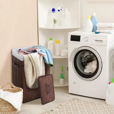 Produktbild von Wäschekorb Bambus schmal mit Deckel, Wäschesammler mit herausnehmbarem Sack, Wäschebox, Dunkelbraun | 40 x 30 x 60 cm | 72 L
