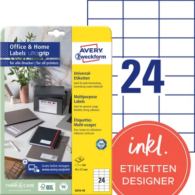 Produktbild von Avery Zweckform 3474-10 Etiketten, Home Office, Kleinpackung, A4 mit ultragrip,  Adressaufkleber 70 x 37 mm, weiß