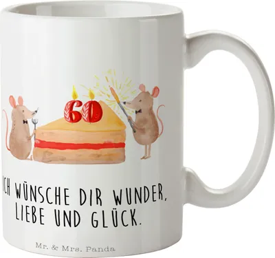 Produktbild von Mr. & Mrs. Panda Trinkbecher 60. Geburtstag Mäuse Kuchen - Weiß - Geschenk, Geburtstagsgeschenk, Teetasse, Happy Birthday, Kaffeetasse, Maus, Kaffeebecher, Geburtstage