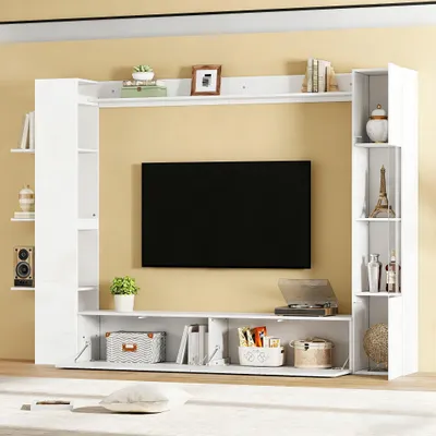 Image de Ensemble mural Merax ultra-brillant avec finition acrylique, meuble TV avec vitrine, blanc brillant, mobilier de salon avec rangements en MDF, blanc