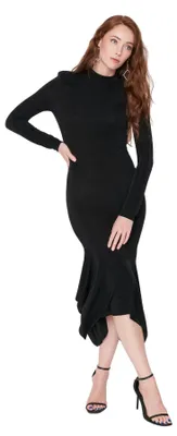 Produktbild von Trendyol Damen Figurbetont Bodycon Rundhalsausschnitt Gestrickt Kleid, Schwarz,