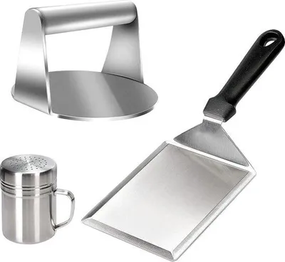 Produktbild von Famanu Burgerset mit Edelstahl-Burgerpresse, BBQ-Spatel und Gewürzstreuer - Grillzubehör für flache Grillöfen
