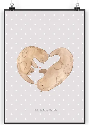 Produktbild von Mr. & Mrs. Panda Bild Otter Herz DIN A5 - Grau Pastell - Geschenk, Hochzeitstag, Liebe, Jahrestag, Wandbild, kunstdruck poster, Plakat, wanddeko, drucke