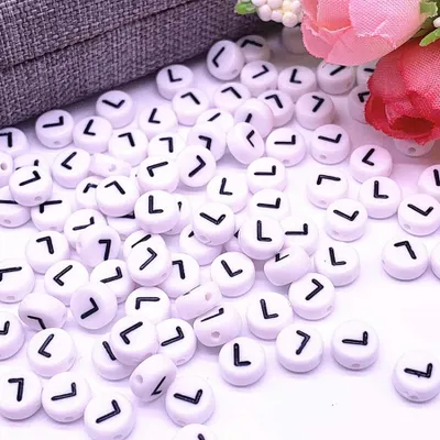 Image de Perles pour lettres, 30 pièces, 4x7 mm, blanc avec noir, rond, lettre L