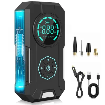 Produktbild von Luftpumpe, Tragbare Auto Luftpumpe mit 4 Düsenadaptern, LCD-Display, 20L/min, 5400mAh Akku, LED, für Auto/Fahrrad/Bälle, Notfall Powerbank