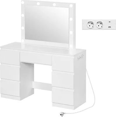 A white vanity table with a lighted mirror and multiple drawers, shown with an integrated power strip.