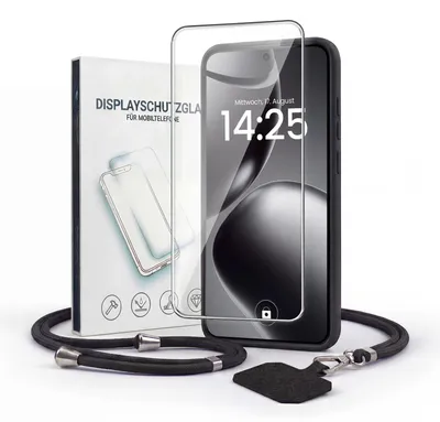 Produktbild von Handyhülle für Xiaomi 15T Pro mit Handykette und 9H Displayglas Displayschutz Band Kordel Hülle Case Schutzhülle Schwarz
