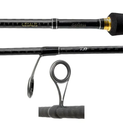 Close-up view of a fishing rod, showing the brand name and model.
