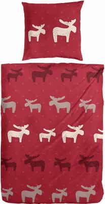 A red duvet cover and pillowcase set with a repeating pattern of white and brown moose.