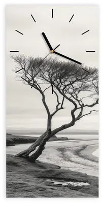 Produktbild von Wanduhr aus Glas mit Motiv Einsamer Baum am Meer- 30 x 60 cm - inkl. Aufhängesystem