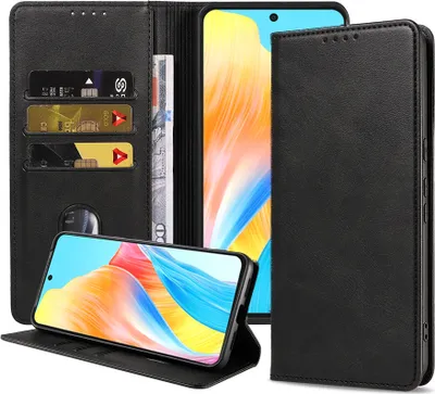 Produktbild von Smartphonica Handytasche passend für Oppo A98 Kunstledertasche mit Magnetverschluss und Kartenhalter Buchhülle mit Klappe - Schwarz