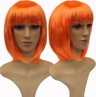 Produktbild von Perücke 30cm Kurzhaar Glatt Pony Bubikopf Karneval Kostüm Fasching Babe Party Cosplay Orange
