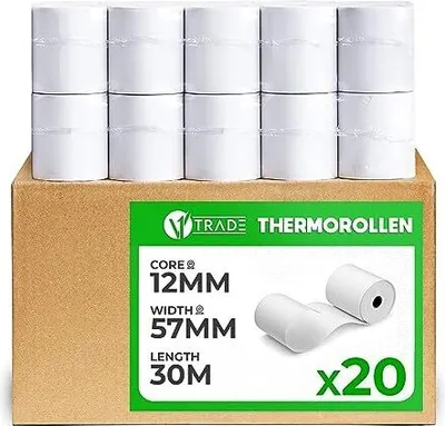 Zdjęcie produktu dla Rolki termiczne V1 Trade 57 mm x 30 m x 12 mm (20 sztuk) - rolki termiczne do kas fiskalnych i drukarek paragonowych, 42 g/m²