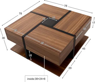 Immagine prodotto di Abrihome Tavolino quadrato lucido con 4 cassetti, tavolino da salotto, 78×78×36 cm, marrone