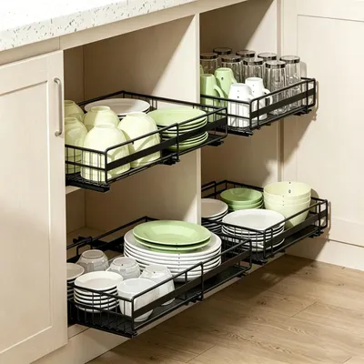 Produktbild von 4x Teleskopschublade,Ausziehbare Schublade Küche mit Selbstklebende,Ausziehbarer Schrank Organizer,Schubladen Organizer Kein Bohren(31-49cm+32-51cm)