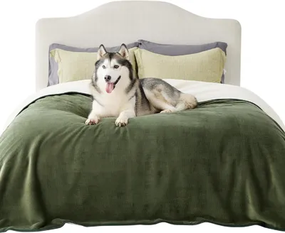 Imagen del producto de Manta polar impermeable y lavable, de 274 x 218 cm, color verde oliva, para cama y sofá