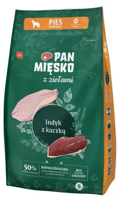 Immagine prodotto di Cibo secco per cani PAN MĘSKO con Erbe Tacchino con Anatra M - 9kg