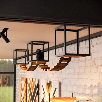 Immagine prodotto di Set parete di arrampicata per gatti QLS con 2 ponti e 3 lettini montaggio a soffitto in legno e acciaio 11162