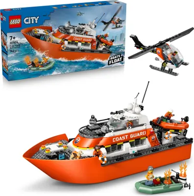 Produktbild von LEGO City Rettungsboot der Küstenwache mit Hubschrauber - Spielzeug Einsatzfahrzeug - Set mit schwimmendem Schiff, 5 Minifiguren und Hundefigur - Geburtstagsgeschenk für Jungen ab 7 Jahren - 60504
