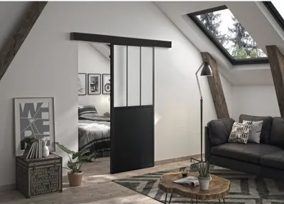 Produktbild von OPTIMUM ATELIER schwarzer Schiebetürsatz + Schiene 2 Dämpfer + Schienenabdeckung - 204 x 73 cm - Milchglas
