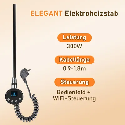 Productafbeelding van Ikodm verwarmingselement voor badradiator, 300W, slimme WiFi-bediening, G1/2 aansluiting, thermostaat 5-70°C, 24-uurs timer, antracietkleur