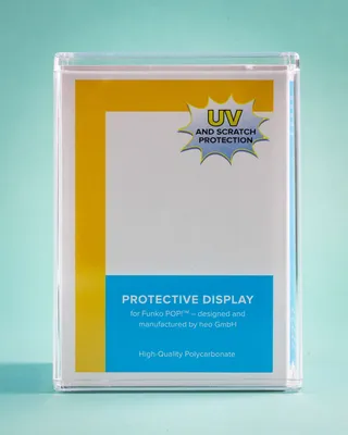 A clear protective display case for Funko POP! figures is shown against a light turquoise background.