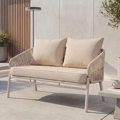 Produktbild von Aluminium-Gartenbank MCW-P90, Gartensofa Sitzbank Outdoor, Seilgeflecht Rope Stoff/Textil (180g/m²)  creme