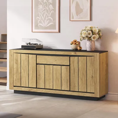 Image de OKWISH Buffet - Meuble d’Entrée avec 4 Portes et 1 Tiroir - en MDF - Bois Naturel et Noir