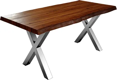 Produktbild von Esszimmertisch 220x100 cm Xerez, Baumkantentisch nussbaumfarben, Akazienholz massiv, X-Gestell aus Metall Silber