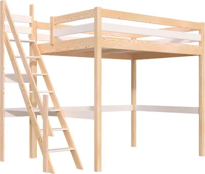 Produktbild von Hochbett 140x200 aus holz Sylvia mit Mülertreppe - Naturlack/Weiß