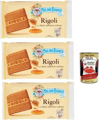 Produktbild von Mulino Bianco Rigoli Biscotti con Miele Millefiori Italiano, Kekse mit italienischem Millefiori-Honig, biscuits cookies, 3x 400 g + Italian Gourmet polpa 400g