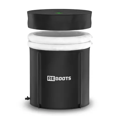 A black ice tub with a white inner lining and a black lid, with the brand name 'REBOOTS' visible on the side.