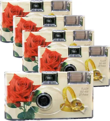 Produktbild von 5x Einwegkamera Sonderposten Hochzeit Rosen + Ringe MHD 03.2026