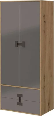 Obrázek produktu pro Dvoudveřová šatní skříň BASHIRA - 80 cm, dub / lesklá šedá