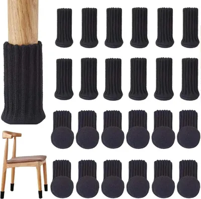 Produktbild von 24 Stuhlsocken Schwarz, doppelt verdickt, Acryl, rutschfest, für runde, quadratische oder ovale Beine, Fußboden- & Geräuschschutz
