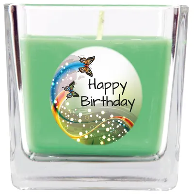 Produktbild von Duftkerze im Glas Coconut Limes – Happy Birthday Schmetterling, Viereck mit Deckel, ca. 50 Std. Brenndauer, Geschenk-Deko zum Geburtstag